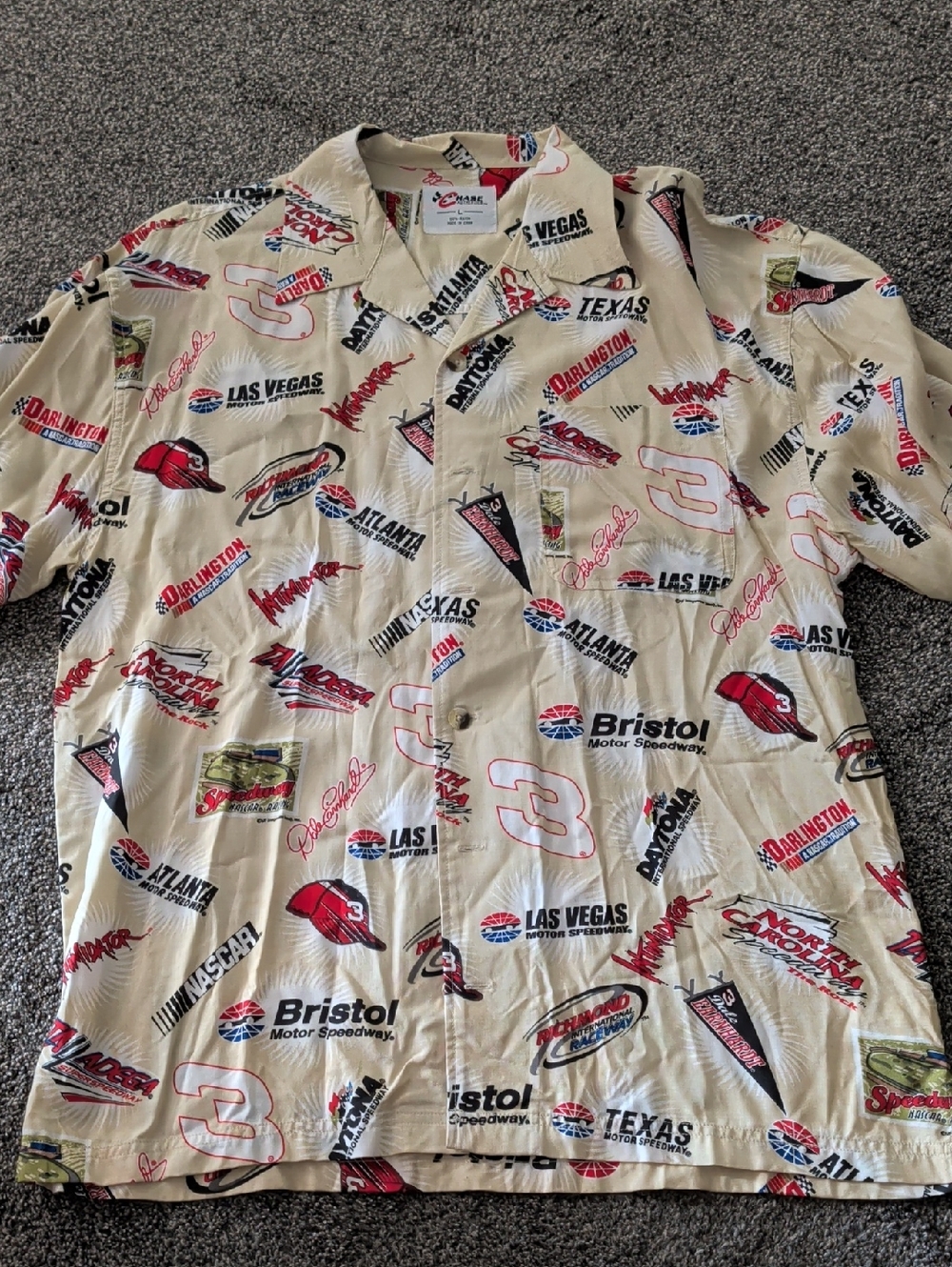 Chase Authentics Beige Racing Graphic Button-Down Shirt with Red & Black Accents